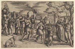 Melkisedek ofrer brød og vin til Abraham, ca. 1547. af Battista Franco Veneziano