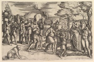 Melkisedek ofrer brød og vin til Abraham, ca. 1547. af Battista Franco Veneziano
