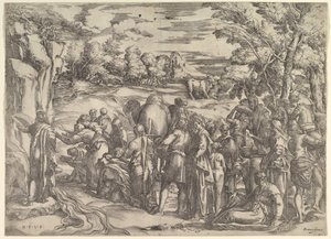 Moses trækker vand fra klippen, til venstre med vand strømmende, forskellige figurer og ..., ca. 1552-61.
