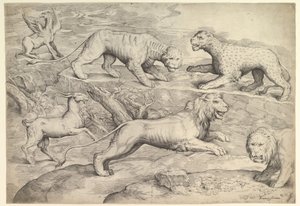 Seks dyr, inklusive løver, en tiger, en leopard, en griffin og en ged, ca. 1530-61.