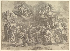 Hyrdernes tilbedelse med engle over hovedet, ca. 1530-61. af Battista Franco Veneziano
