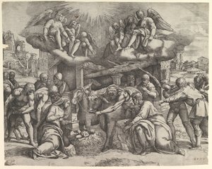 Hyrdernes tilbedelse med engle over hovedet, ca. 1530-61. af Battista Franco Veneziano