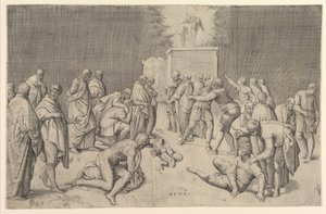 Filisterne placerer pagtens ark i Dagons tempel, ca. 1540.