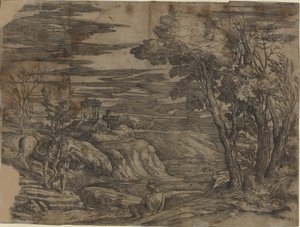Landskab med en mand, der leder en hest af Battista Franco, after Titian