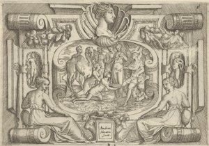 En mand og kvinde, der ofrer et fad med mønter til en konge, der sidder på en trone, sat med..., ca. 1540-80.