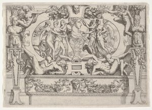 Buste af en kvinde flankeret af tre kvinder på hver side, sat inden for en kunstfærdig ramme, ca. 1540-80. af Battista del Moro