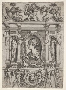 Buste af en kvinde i profil mod venstre, sat i en kunstfærdig ramme med figurer i n..., ca. 1540-80.