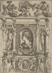 Buste af en kvinde i profil mod venstre, sat i en kunstfærdig ramme med figurer i n..., ca. 1540-80.