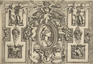 Kvindebuste i profil mod højre, sat i en kunstfærdig ramme med putti, ..., ca. 1540-80.