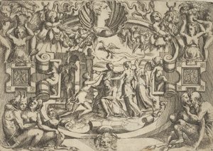 Fire kvinder, der omgiver en siddende skikkelse, en fugl over dem, anbragt i en udførlig ..., ca. 1540-80.