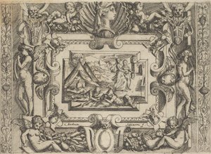 Judith og tjenestepige med hovedet af Holofernes, sat inden for en kunstfærdig ramme, ca..., ca 1540-80.