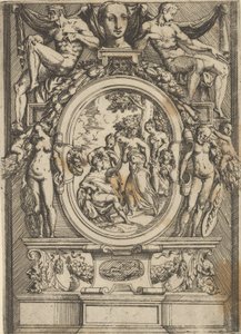 The Judgment of Paris, mand siddende til venstre rækker ud til en kvinde, der er flankeret af ..., ca. 1540-80. af Battista del Moro