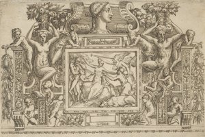 Kvinde siddende med udstrakte arme, personificering af Fame med trompet til højre,..., ca. 1540-80.