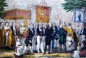 Procession af Confrerie du Tres Saint Sacrament. begyndelsen af det 19. århundrede (farve litho) af Bautz Bautz