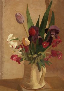 Tulipaner, vægblomster og narcisser (olie om bord) af Beatrice H. Budgett