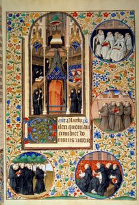 Scene af klosterliv. I medaljonerne, fra top til bund, Carmes, Franciskanerne, Dominikanerne, Augustinerne (til venstre). Miniature taget fra "" Timebog ifølge brugen af Paris"" oplyst af Mesterens værksted i Bedford. 1450. Paris, B.N. af Bedford Master Workshop