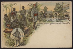 Congolesisk landsby udstillet på Exposition Internationale d"Anvers, Antwerpen, Belgien, 1894 af Belgian School