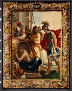Diogene og Alexander: mødet mellem den græske filosof Diogene de Sinope (413-327 f.Kr.) i hans tønde og kong Alexander den Store (356-323 f.Kr.) i Korinth. Da erobreren spurgte ham, hvad han ville, svarede Diogene: "Tag lidt af min sol". Tryk på af Belgian School