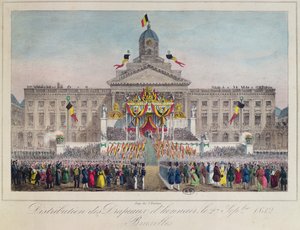 Uddeling af æresflag i Bruxelles den 27. september 1832, 1832 (farvegravering) af Belgian School
