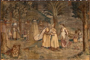 Jethro ledsagede sin datter Sephora og hans børn mødte Moise Tapestry af Dionys Martensz efter karton af Luca Cambiaso (1527-1584) produceret af manufakturerne i Bruxelles af Belgian School