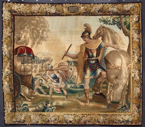 Kong Alexander den Store (356-323 f.Kr.) brændte al unødvendig bagage inden sin rejse til Indien. Gobelin fremstillet i Bruxelles. 1500-tallets gener, Musei di Strada Nuova af Belgian School