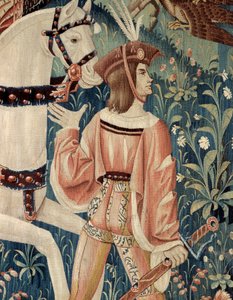 Middelalder: begyndelsen til jagt på falke, til hest. Detalje af et silke- og uldtæppe fra begyndelsen af 1500-tallet. Fra Hainaut. Paris, Nationalmuseet for middelalderen, Thermes de Cluny af Belgian School