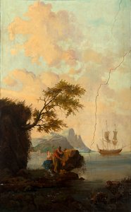 Andet baglokale på bagsiden, mødelokale, vægmalerier med landlige scener i klassisk stil, formentlig fra omkring 1810, scene 5 af Belgian School