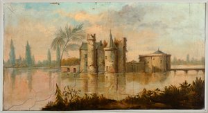 Andet baglokale på bagsiden, mødelokale, vægmalerier med landlige scener i klassisk stil, formentlig fra omkring 1810, scene 4 af Belgian School