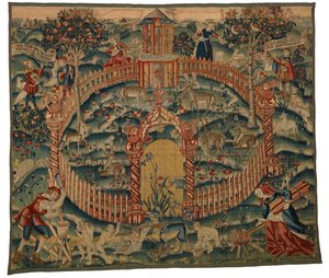 Tapetti, Park au Cerfs, valmistettu Tournaissa, Belgiassa, n. 1500 (villa) af Belgian School