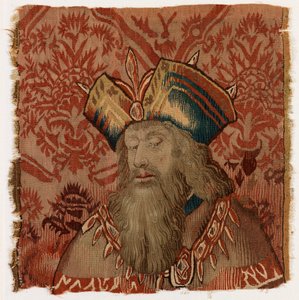 Tapestrypanel, der forestiller hovedet af en præst eller konge, muligvis lavet i Tournai, Belgien, muligvis tidligt i det 16. århundrede (uld) af Belgian School