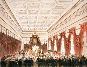Ægteskabet mellem Maximilian af Hapsburg-Lorraine (1832-67) ærkehertug af Østrig og Charlotte Saxe-Cobourg-Gotha (1840-1927) prinsesse af Belgien, på Chateau de Bruxelles den 21. juli 1857 (farve litho) af Belgian School