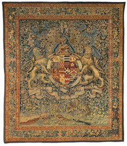 Verdure gobelin med våben fra Robert Dudley, Earl of Leicester (en af et par med 47,1), lavet i Flandern, Belgien, omkring 1570-85 (uld og silke) af Belgian School