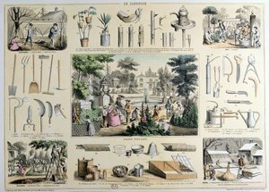 Pædagogisk skildring af havearbejde, med illustrationer af haveredskaber og scener, der viser de passende aktiviteter for hver sæson, (farvegravering) af Belin and Bethmont