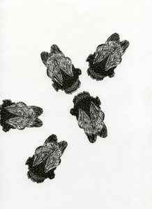Humlebiernes møde, 2013 (trægravering på papir) af Bella Larsson