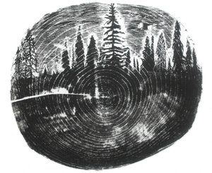 Two Woods, 2016 (træsnit på papir) af Bella Larsson