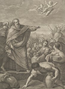 Moses til venstre sammen med israelitterne, der samler manna, når den falder ned fra himlen, to engle ab..., 1776 af Benedetto Eredi