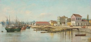 Benedito Calixto - Porto do Bispo, Santos, SP, set fra havet, 1887 af Benedito Calixto