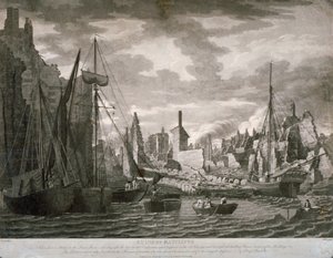 Udsigt over Ratcliffe-området, London, der viser ruinerne efter branden den 23. juli, 1794 af Benjamin Burnell