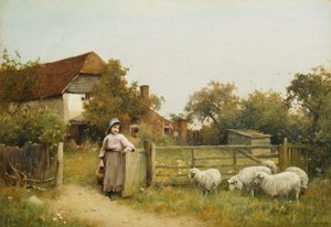 Ung pige med får, ved et sommerhus