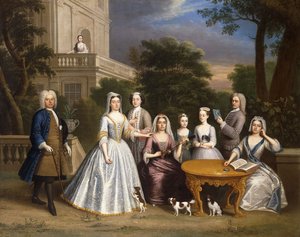 Gruppeportræt af en familie, på grunden af et landsted, af Benjamin Ferrers