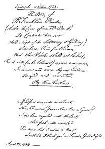 Benjamin Franklins epitafium, skrevet af ham selv, 1728, 1840