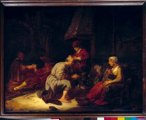 The operation has a magnifying glass surgeon operating one of his patients in the head. Painting by Benjamin Gerritsz Cuypdani