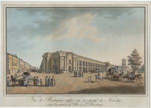 Nevsky Prospekt (perspektiv Nevski) nær Great Gostiny Dvor og City Duma i Sankt Petersborg - Benjamin Paterssen (1748-1815). Radering, akvarel, efter 1802. Statens Museum for Sankt Petersborgs Historie af Benjamin Patersson