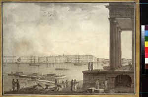 Udsigt over Vinterpaladset og børsen i Sankt Petersborg. Værk af Benjamin Paterssen (1748-1815), blyant og blæk på papir, ca. 1790. Svensk kunst af Benjamin Patersson