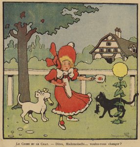Tegneserie af en pige fanget mellem sin hund med et ben og sin kat med en mus
