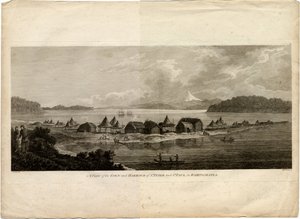 Udsigt over byen og havnen i Petropavlovsk-Kamchatsky fra rejsen til Stillehavet, 1785 af Benjamin Thomas Pouncey