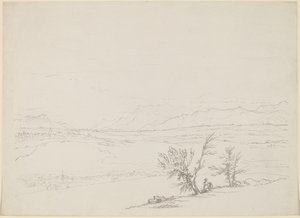 Et alpint landskab med et par siddende ved træer med udsigt over en dal af Benjamin West