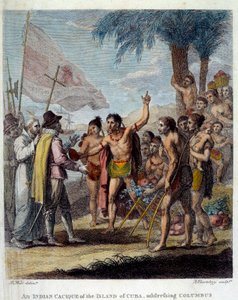 En indisk Cacique fra øen Cuba byder Christopher Columbus (1451-1506) og europæiske militære og kirkelige repræsentanter velkommen til at diskutere oprettelsen af en ny stat. Frontispice af "Civil and Commercial History of the British Colonies of the W af Benjamin West