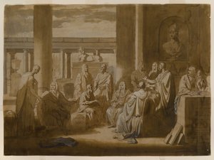 Know Thy Self, 1768 (jerngaldevask, olieimpasto & vasker på elfenbensfarvet papir) af Benjamin West
