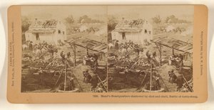 Meads hovedkvarter smadret af skud og granater, slaget ved Gettysburg. af Benjamin West Kilburn